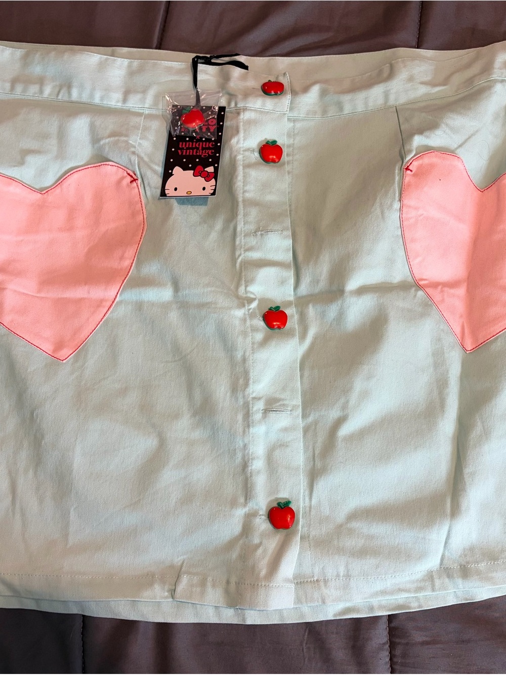 Unique Vintage Mint Green Mini Skirt with Pink Hearts & Red Apple Buttons